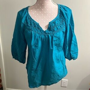 LOFT Blue and Green Puff Sleeve Smocked Blouse A4